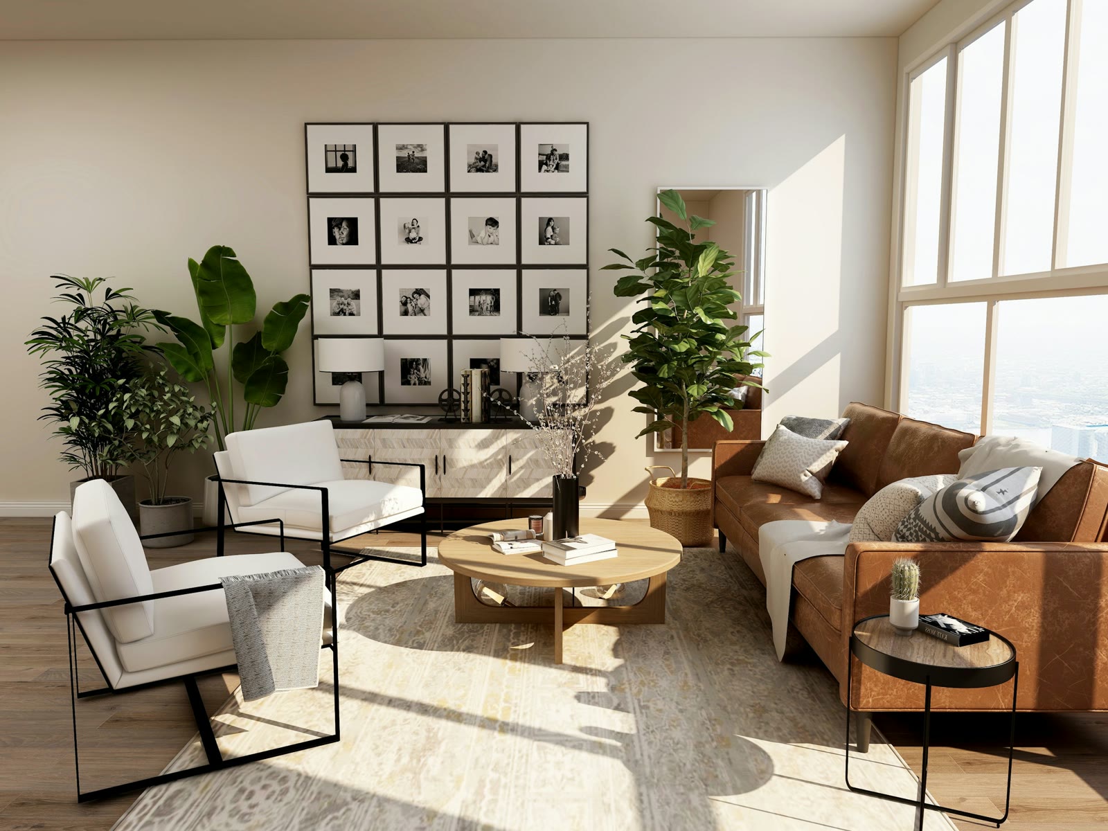 Modern living room with a low sofa and a large window