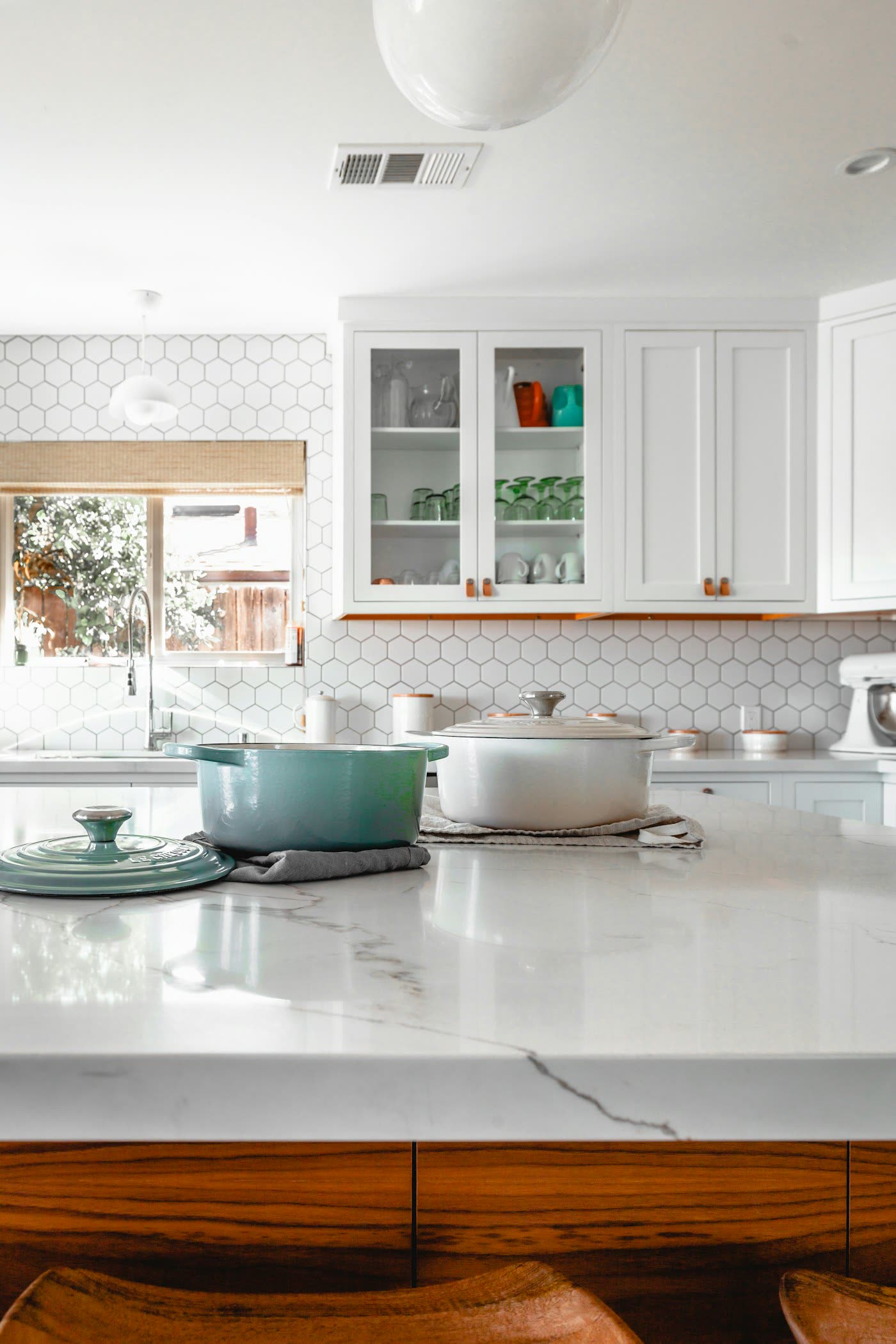 Kitchen interior with cabinetry and counters